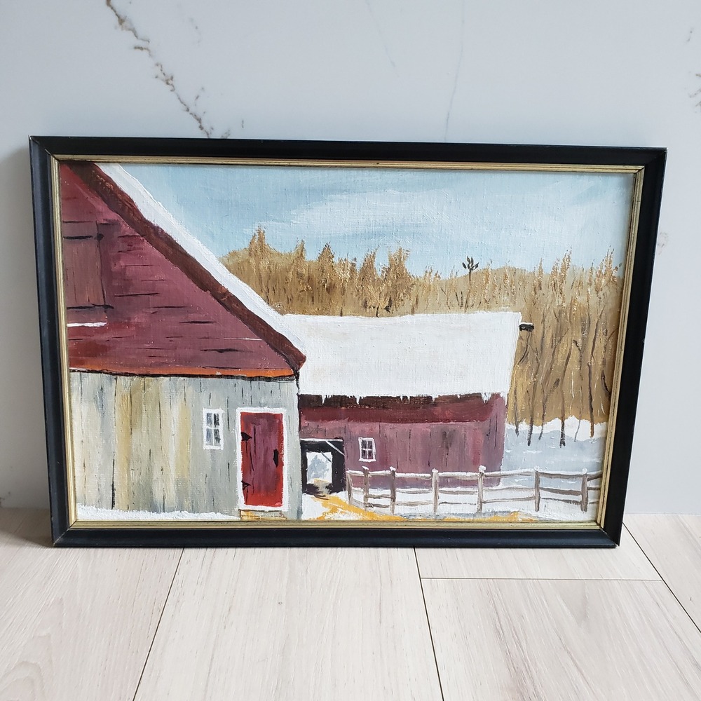 Original Folk Art Oil Painting Winter Barn Landscape Grumbacher Framed 19x13